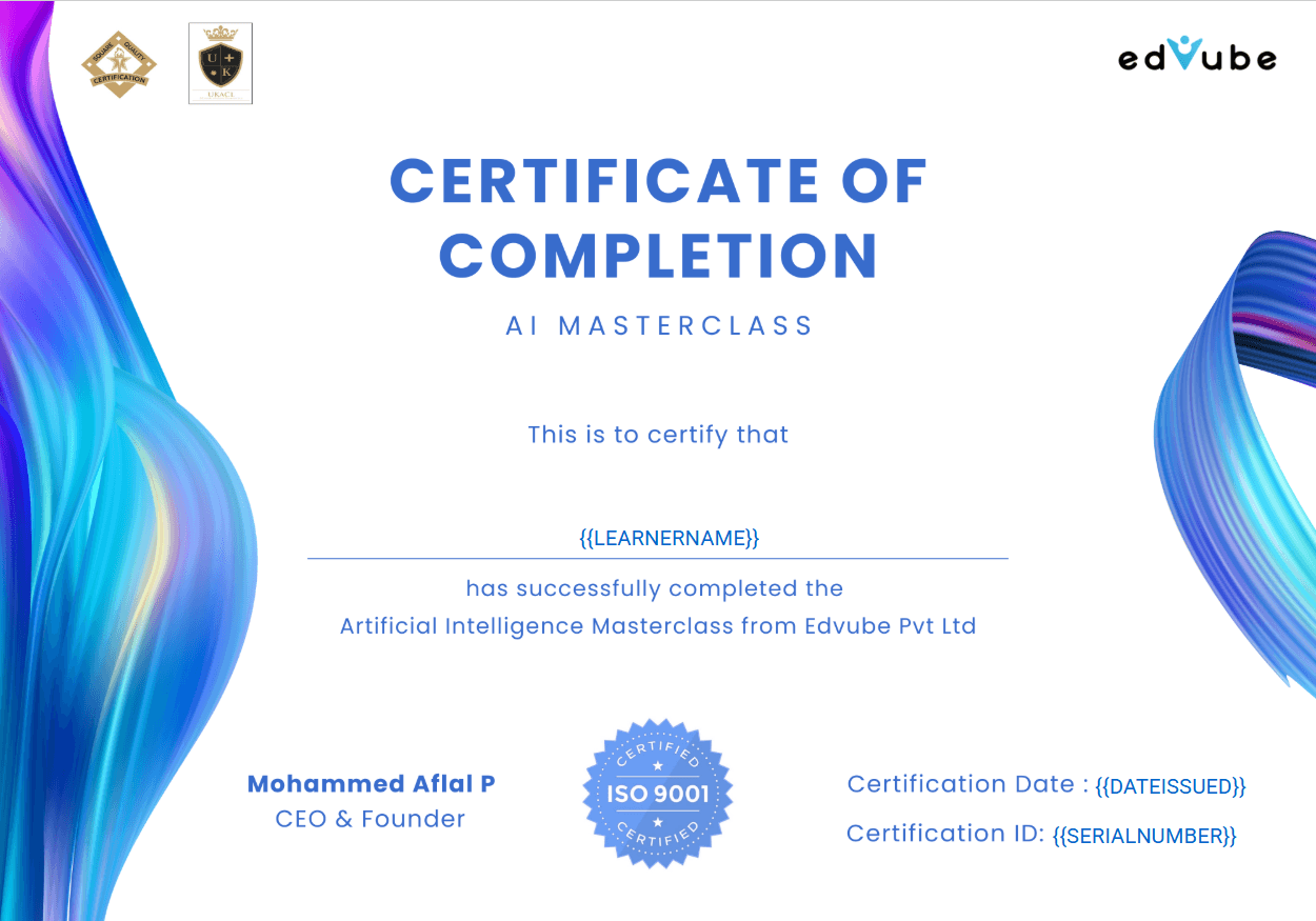 Sample EdVube course completion certificate